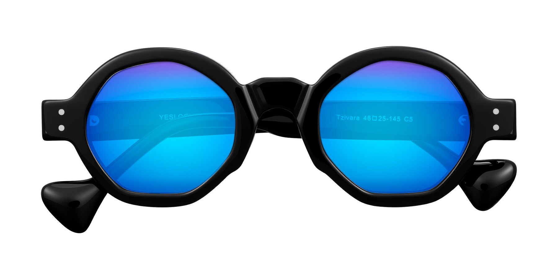 Folded Front of Tzivara in Black with Blue Mirrored Lenses