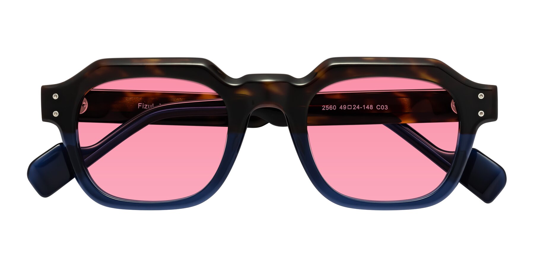 Tortoise / Translucent Blue Retro-Vintage Geometric Full-Rim Tinted Sunglasses with Pink Sunwear Lenses - Fizul