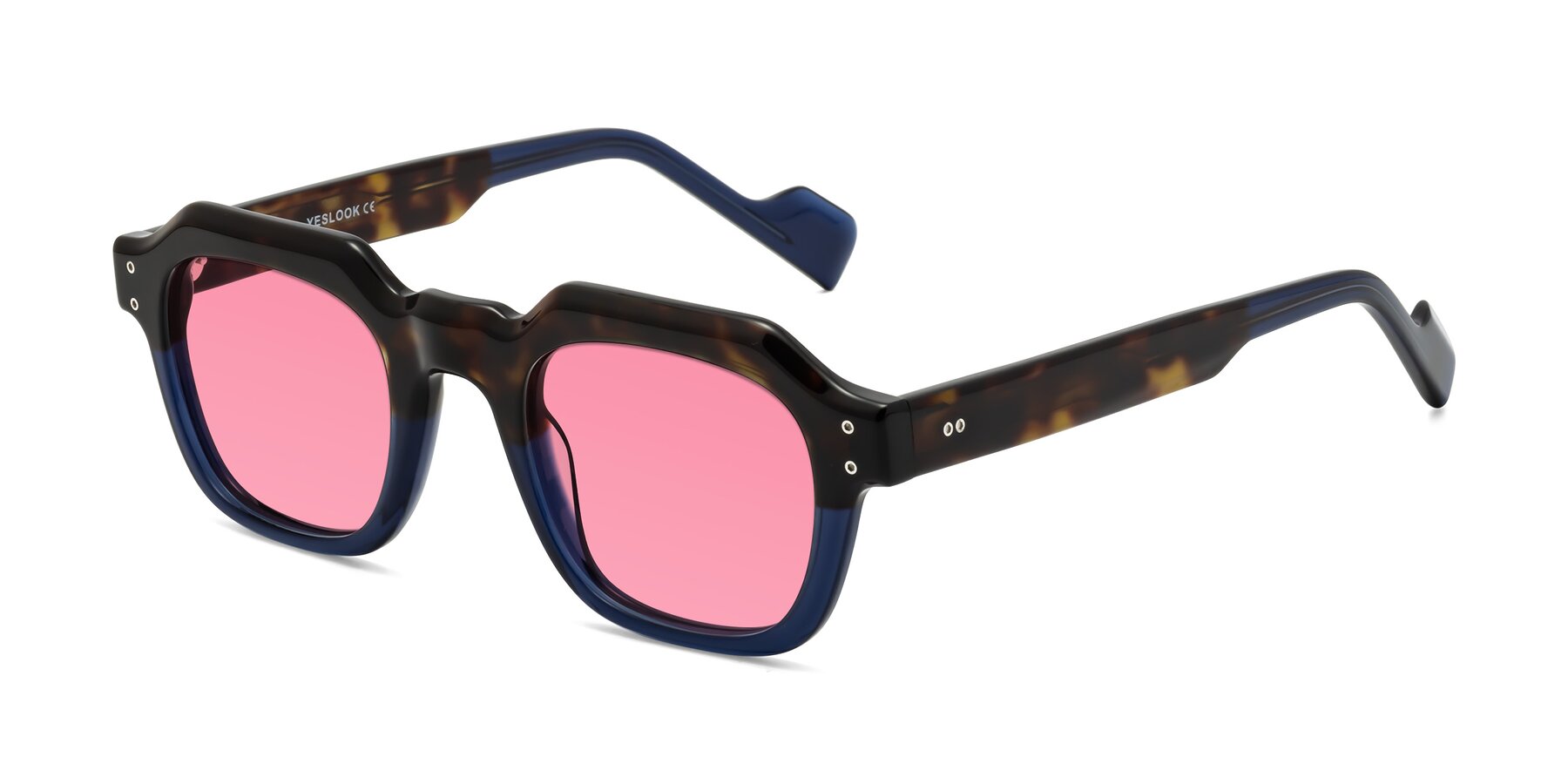 Tortoise / Translucent Blue Retro-Vintage Geometric Full-Rim Tinted Sunglasses with Pink Sunwear Lenses - Fizul