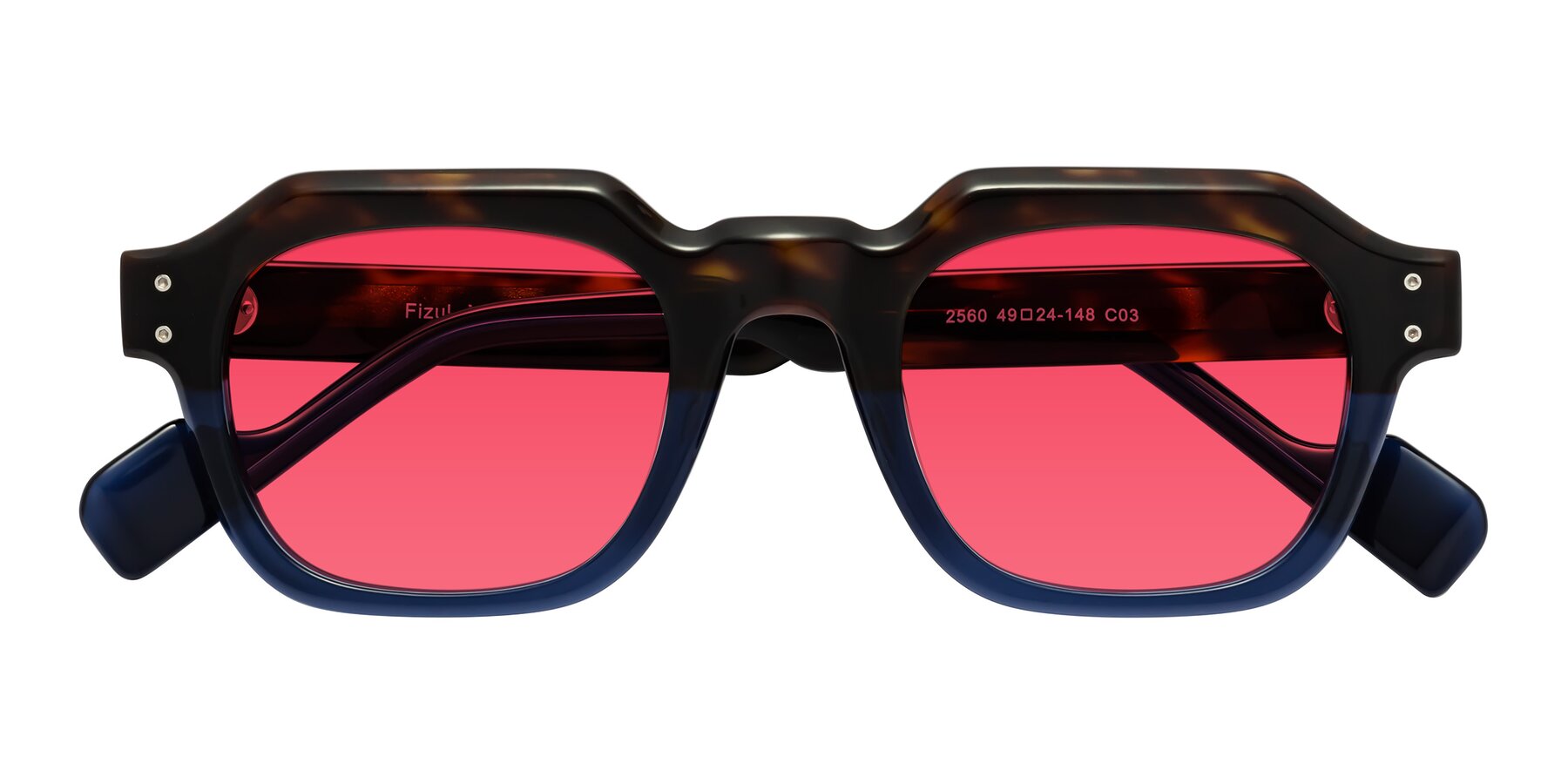 Tortoise / Translucent Blue Retro-Vintage Geometric Full-Rim Tinted Sunglasses with Red Sunwear Lenses - Fizul