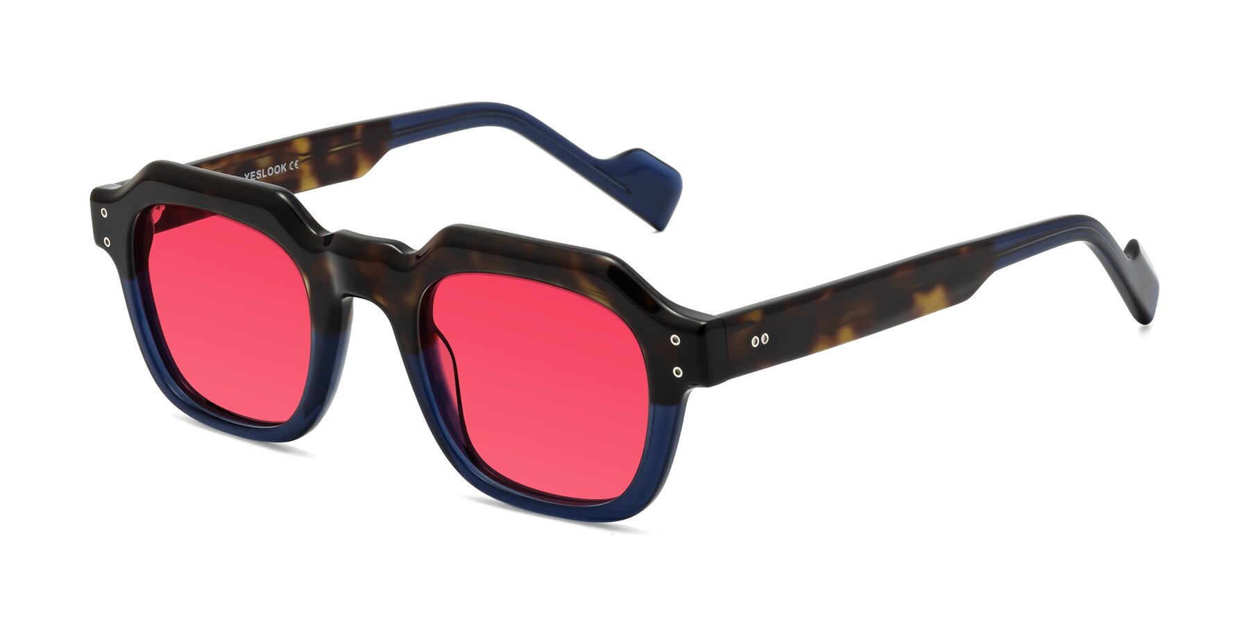Tortoise / Translucent Blue Retro-Vintage Geometric Full-Rim Tinted Sunglasses with Red Sunwear Lenses - Fizul