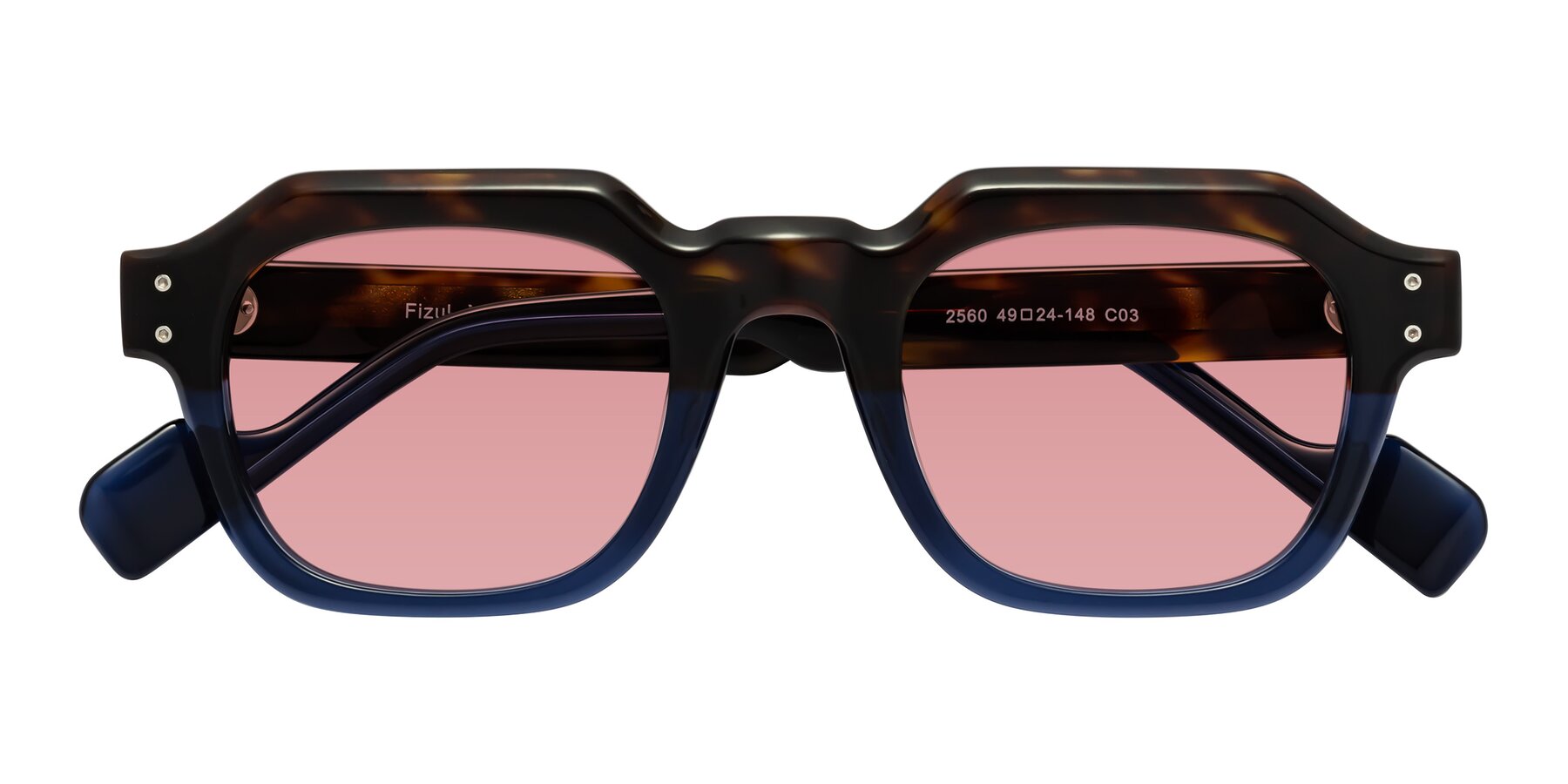 Tortoise / Translucent Blue Retro-Vintage Geometric Full-Rim Tinted Sunglasses with Medium Garnet Sunwear Lenses - Fizul