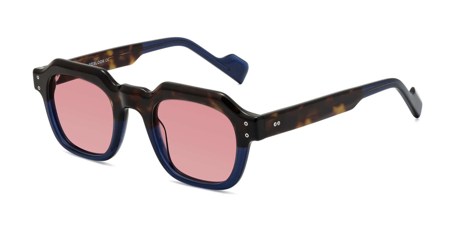 Tortoise / Translucent Blue Retro-Vintage Geometric Full-Rim Tinted Sunglasses with Medium Garnet Sunwear Lenses - Fizul