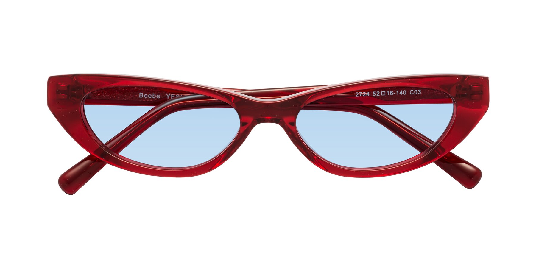 Folded Front of Beebe in Pearlescent Red with Light Blue Tinted Lenses