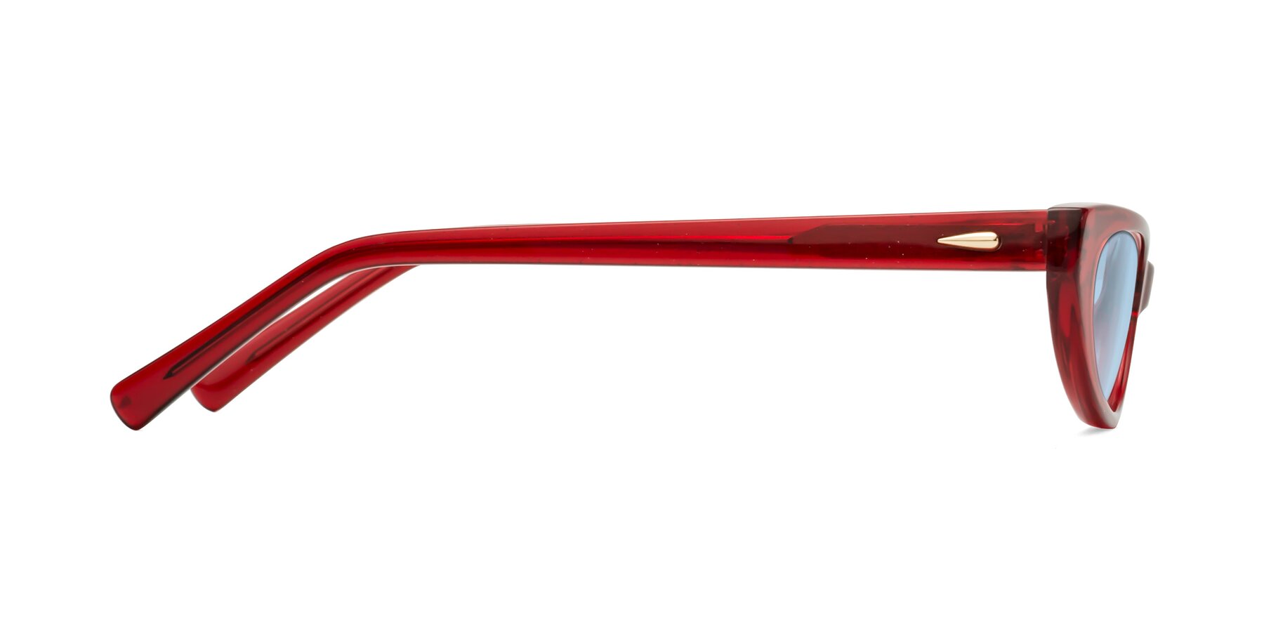 Side of Beebe in Pearlescent Red with Light Blue Tinted Lenses