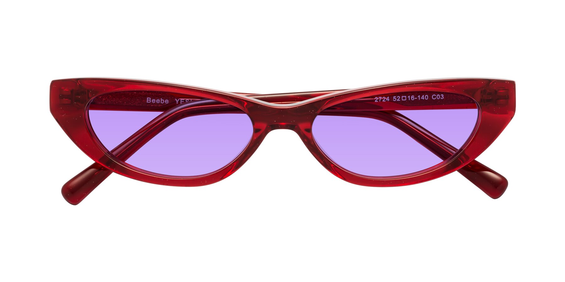 Folded Front of Beebe in Pearlescent Red with Medium Purple Tinted Lenses