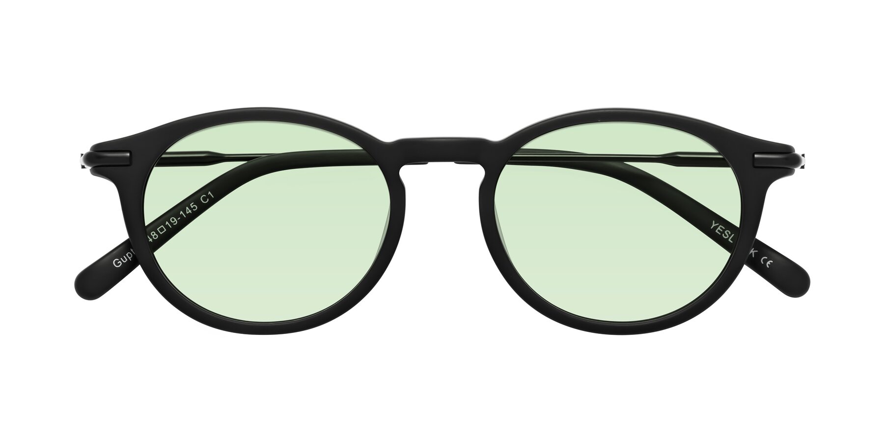 Folded Front of Gupta in Matte Black with Light Green Tinted Lenses