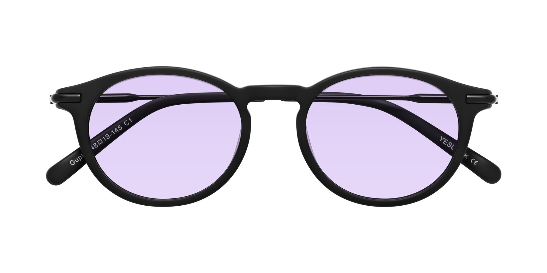 Folded Front of Gupta in Matte Black with Light Purple Tinted Lenses