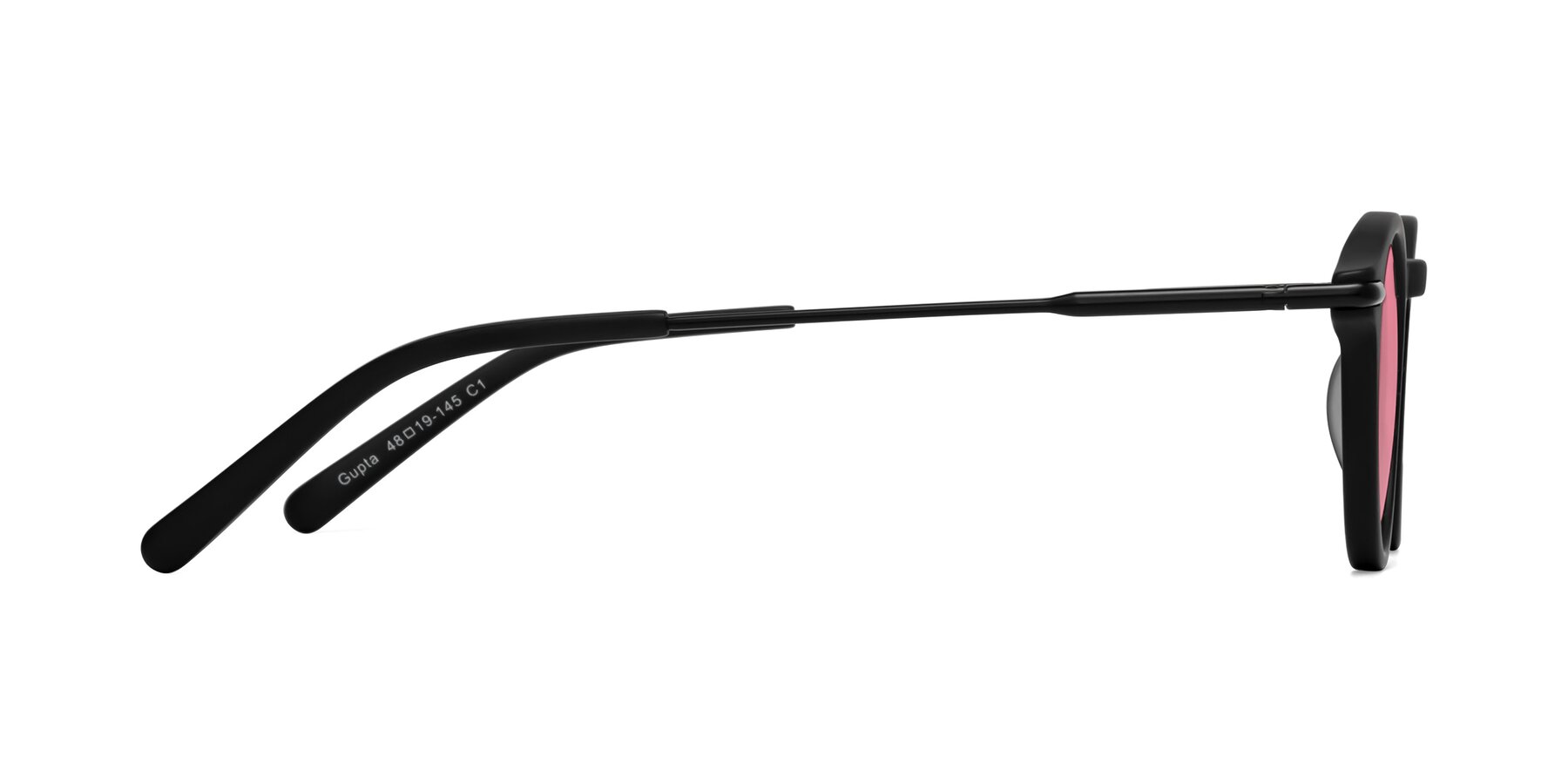 Side of Gupta in Matte Black with Pink Tinted Lenses