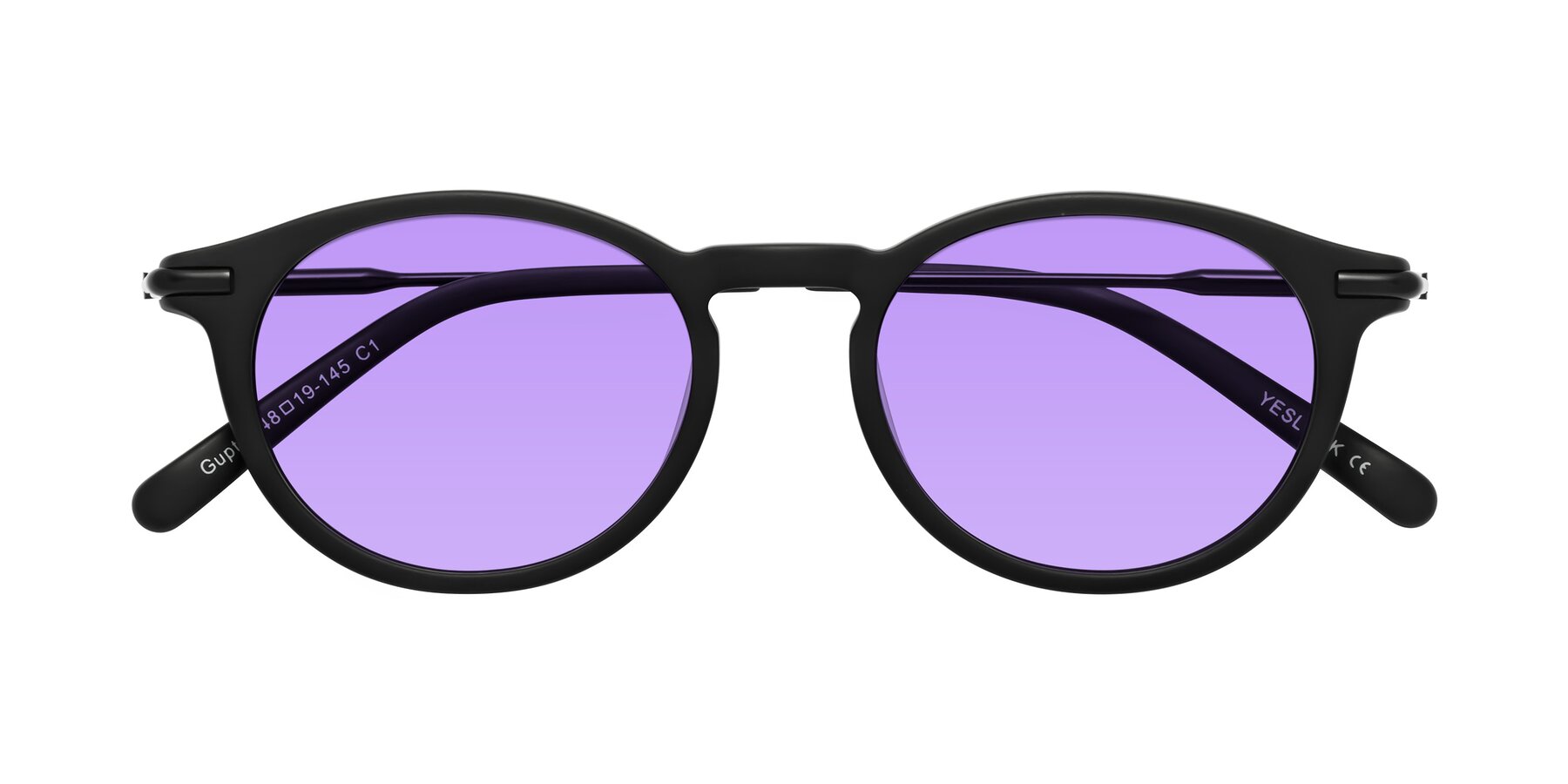 Folded Front of Gupta in Matte Black with Medium Purple Tinted Lenses