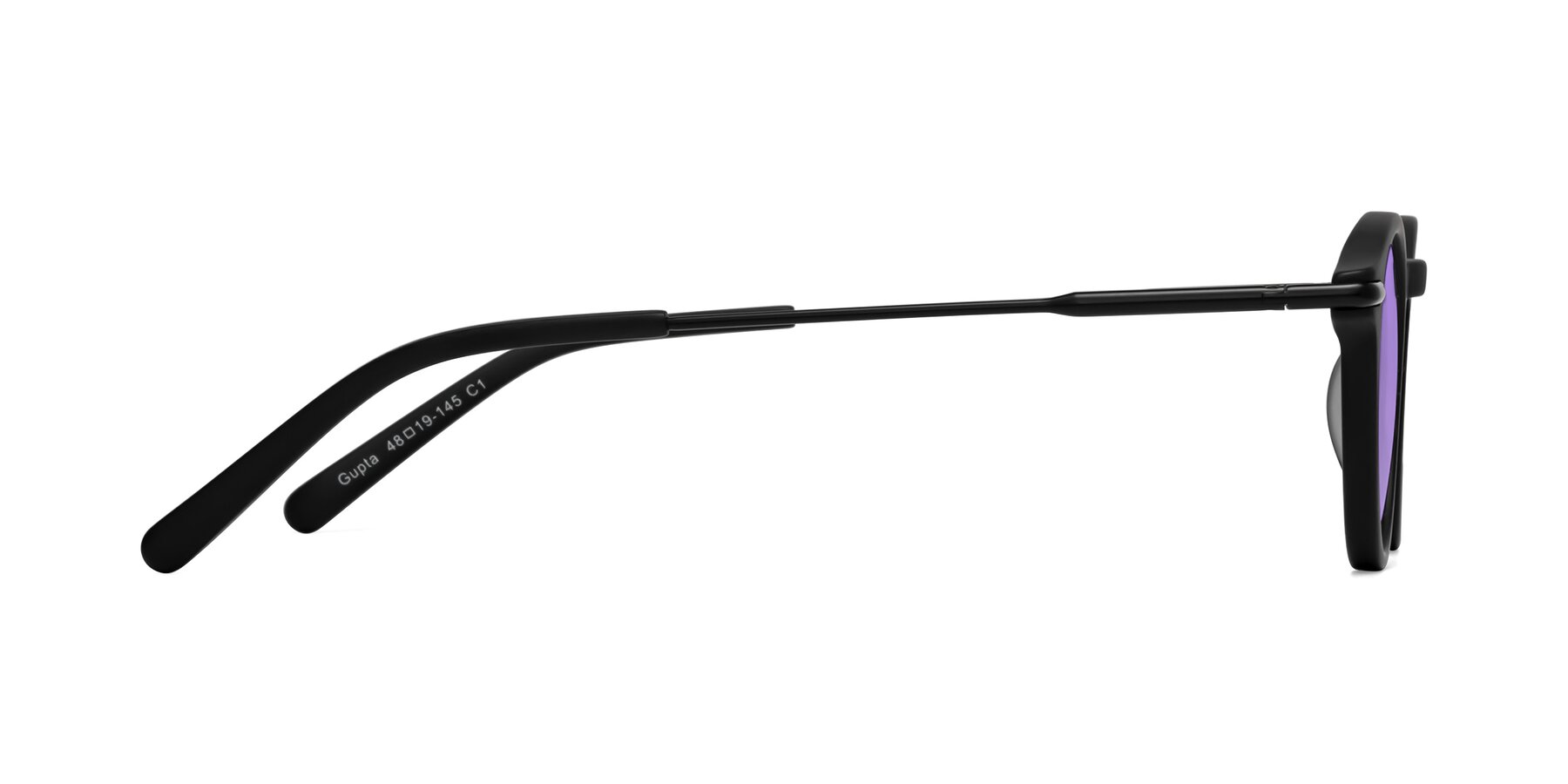 Side of Gupta in Matte Black with Medium Purple Tinted Lenses