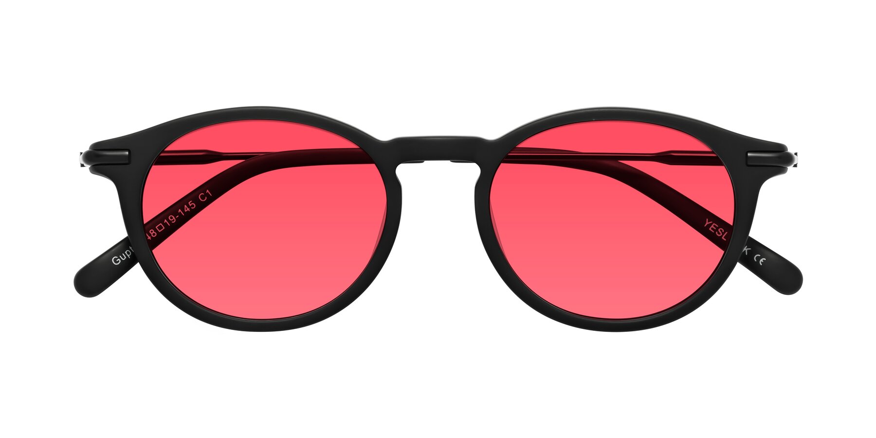 Folded Front of Gupta in Matte Black with Red Tinted Lenses