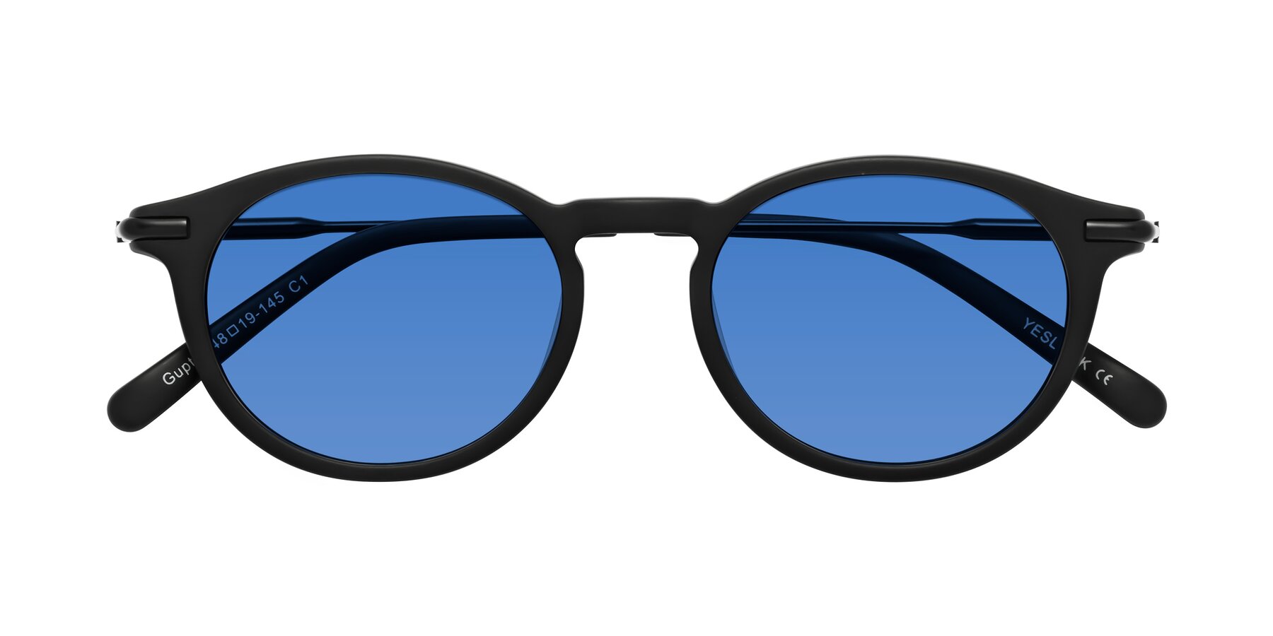 Folded Front of Gupta in Matte Black with Blue Tinted Lenses