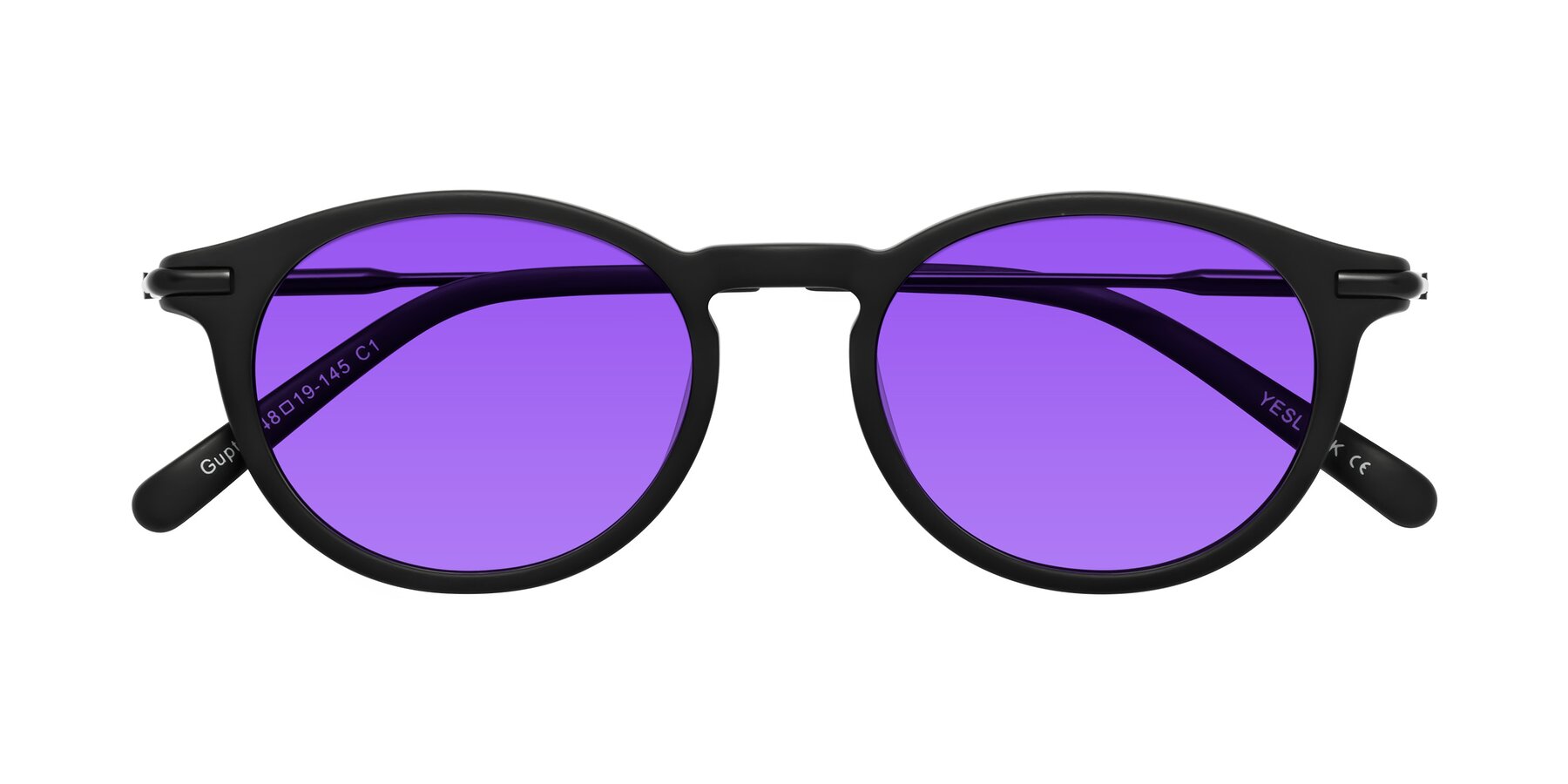 Folded Front of Gupta in Matte Black with Purple Tinted Lenses