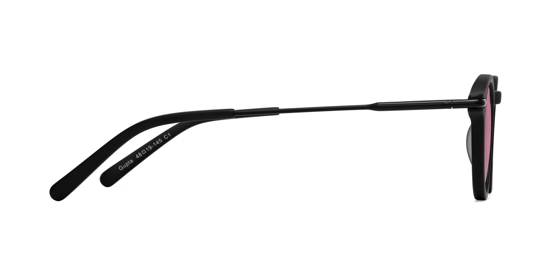 Side of Gupta in Matte Black with Medium Wine Tinted Lenses