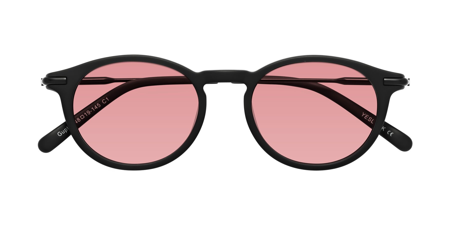 Folded Front of Gupta in Matte Black with Medium Garnet Tinted Lenses