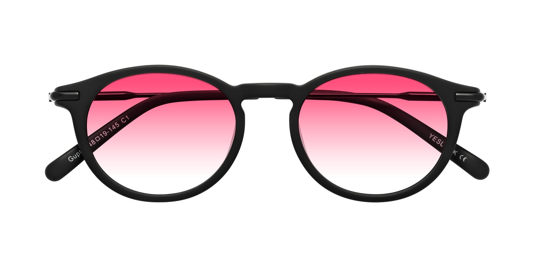 Folded Front of Gupta in Matte Black with Pink Gradient Lenses