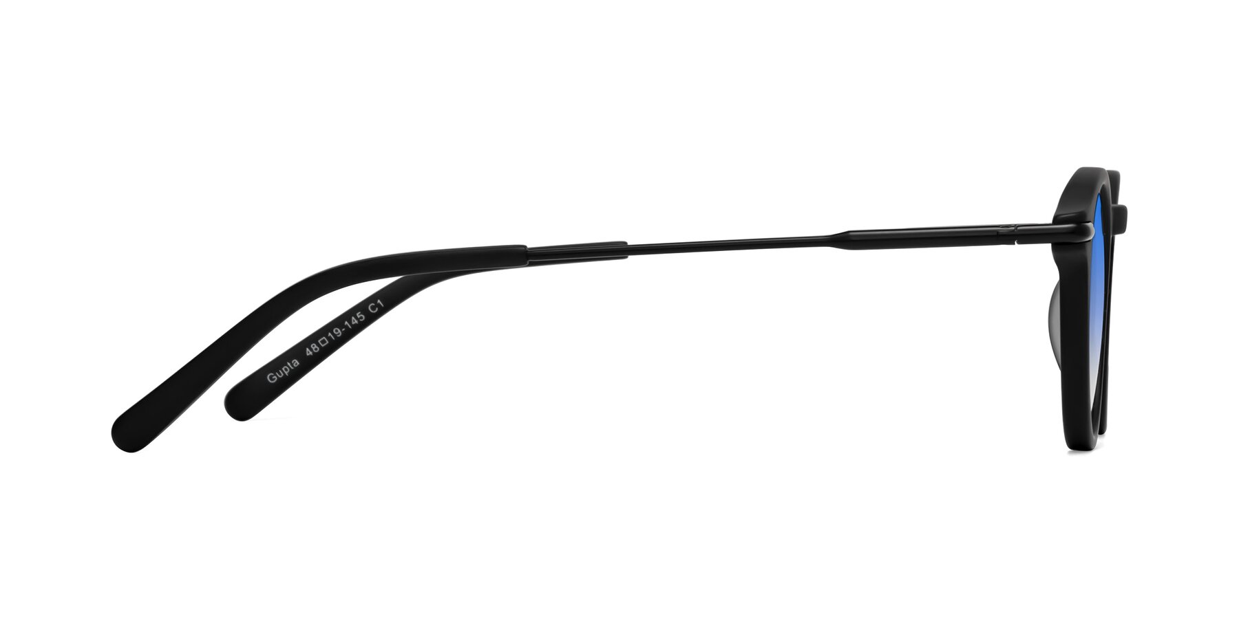 Side of Gupta in Matte Black with Blue Gradient Lenses