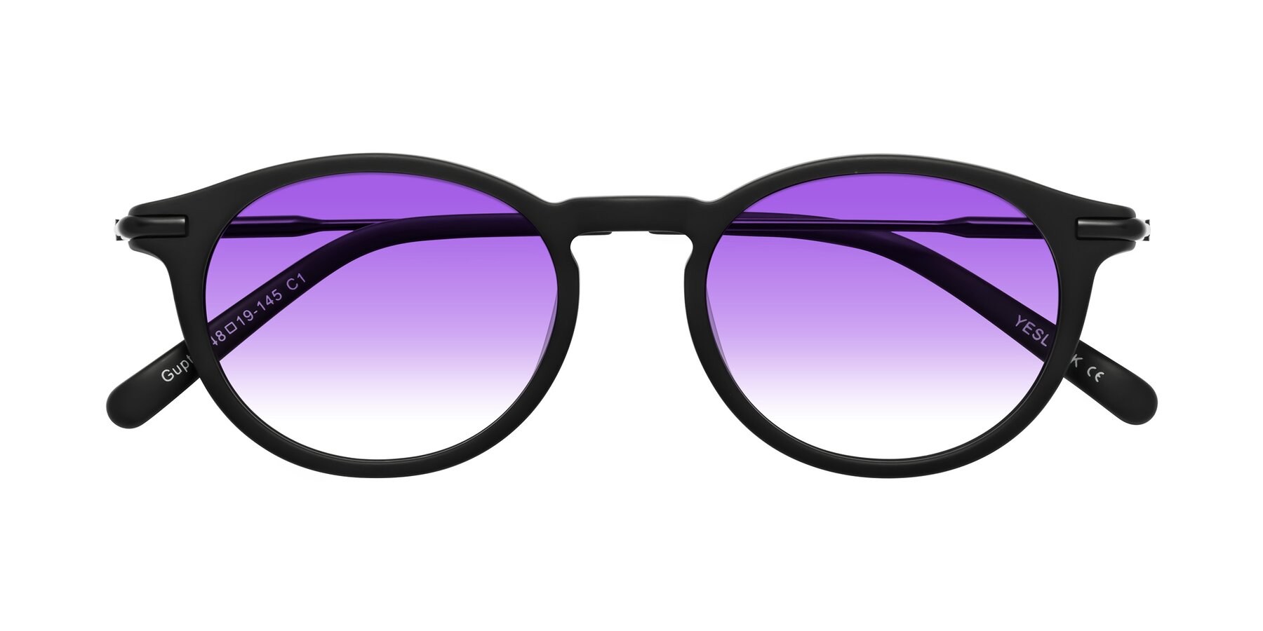 Folded Front of Gupta in Matte Black with Purple Gradient Lenses