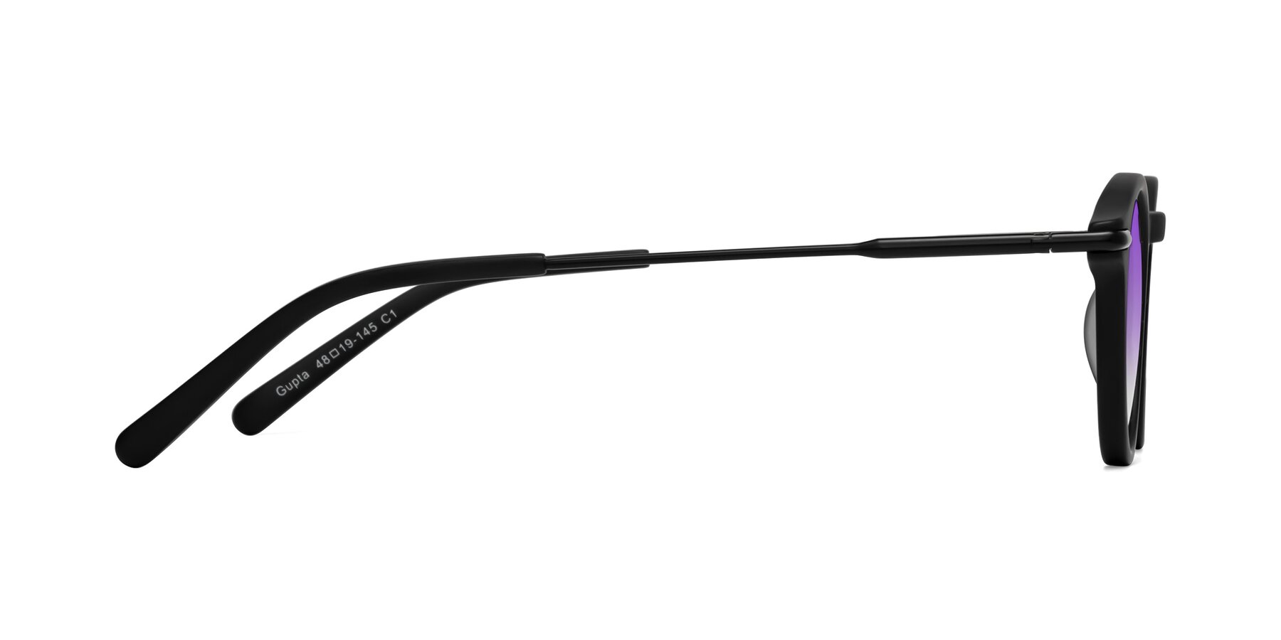 Side of Gupta in Matte Black with Purple Gradient Lenses