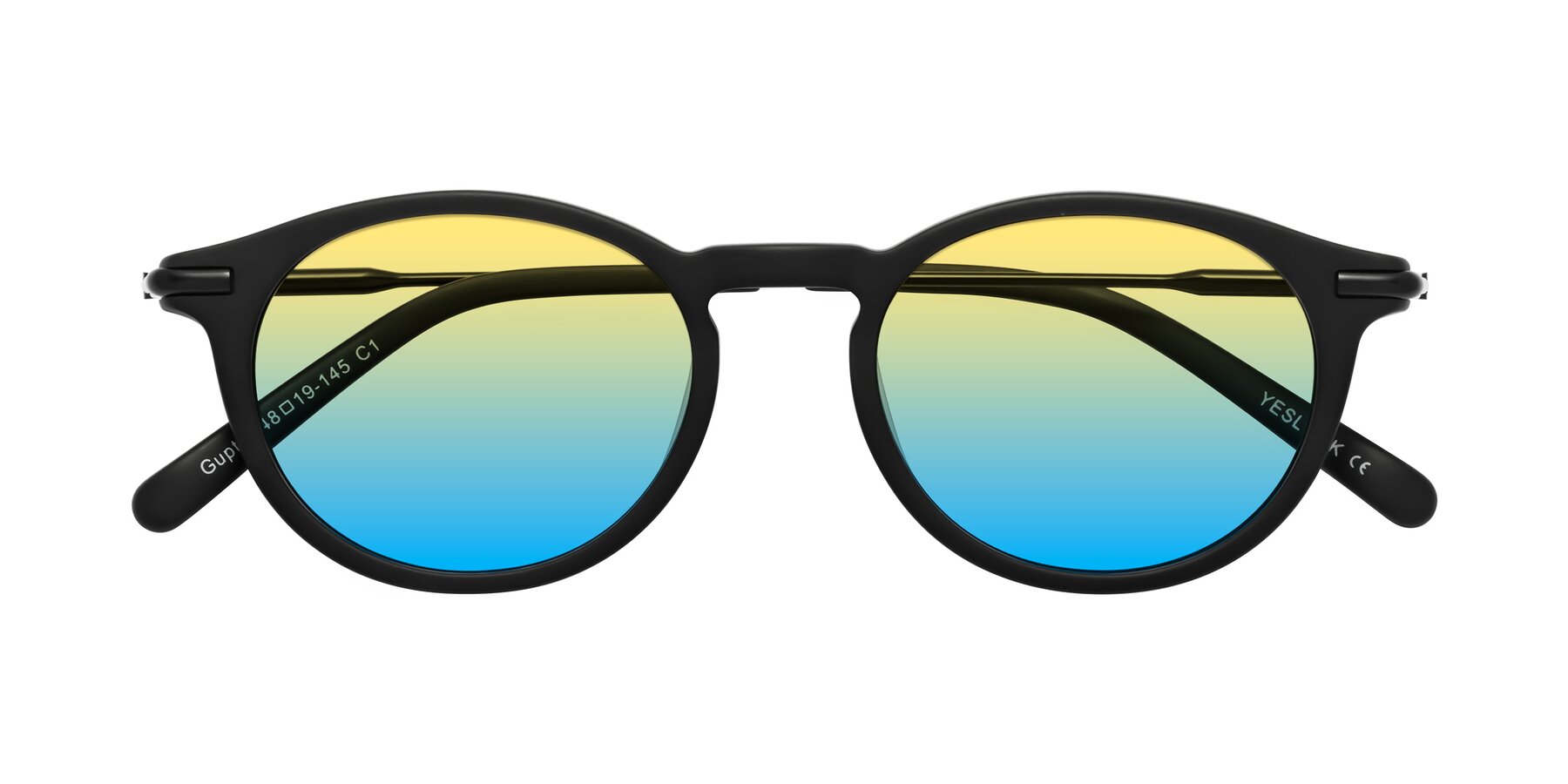 Folded Front of Gupta in Matte Black with Yellow / Blue Gradient Lenses