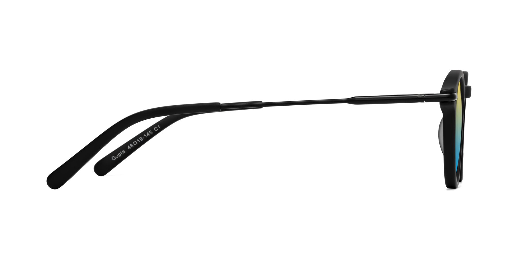 Side of Gupta in Matte Black with Yellow / Blue Gradient Lenses
