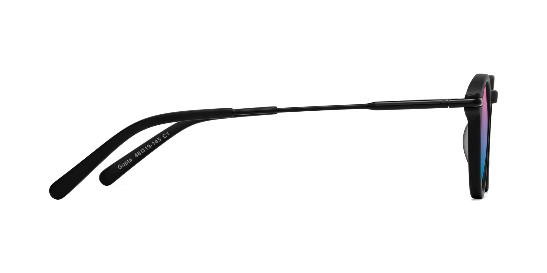 Side of Gupta in Matte Black with Pink / Blue Gradient Lenses