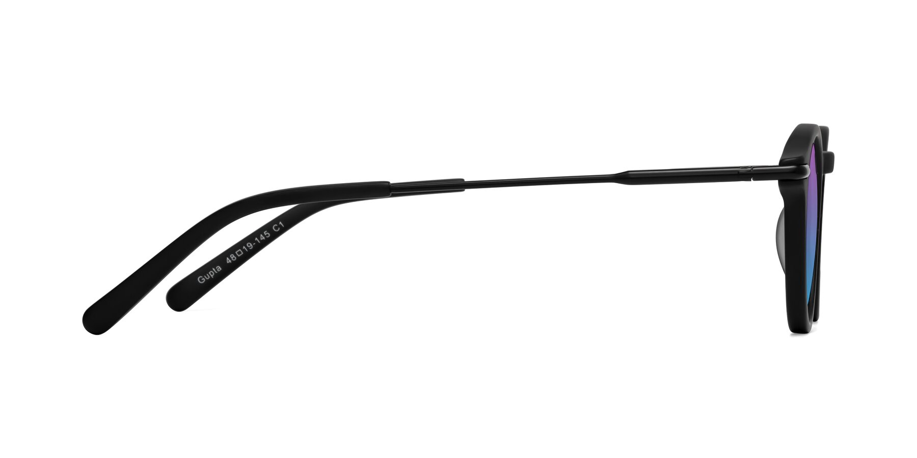 Side of Gupta in Matte Black with Purple / Blue Gradient Lenses