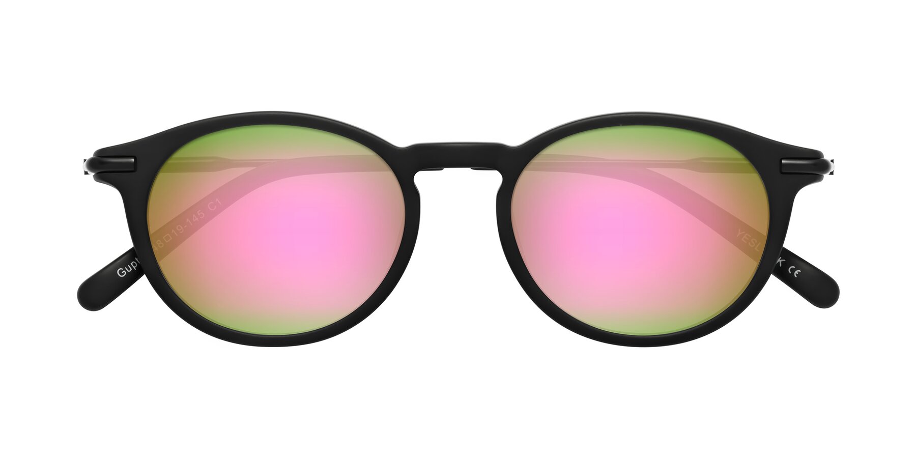 Folded Front of Gupta in Matte Black with Pink Mirrored Lenses