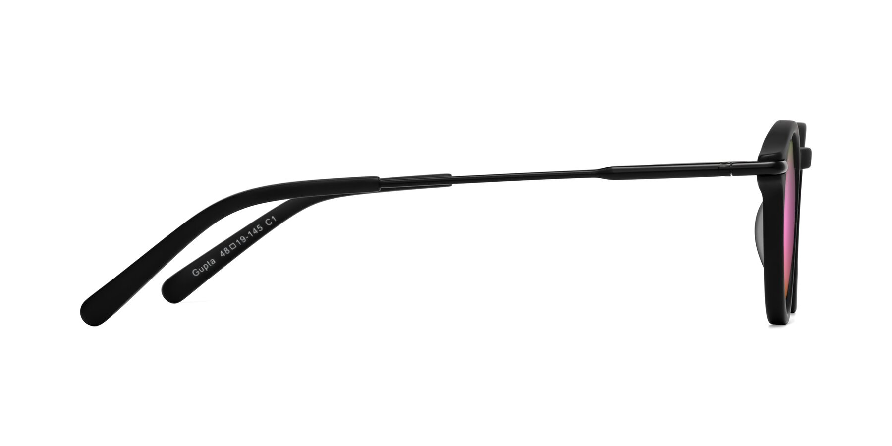 Side of Gupta in Matte Black with Pink Mirrored Lenses