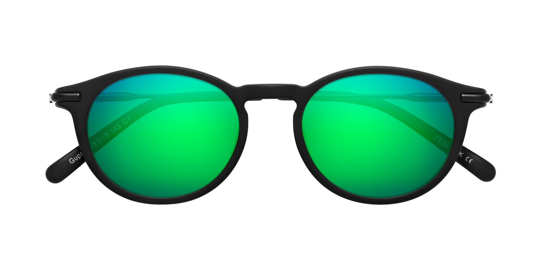 Folded Front of Gupta in Matte Black with Green Mirrored Lenses