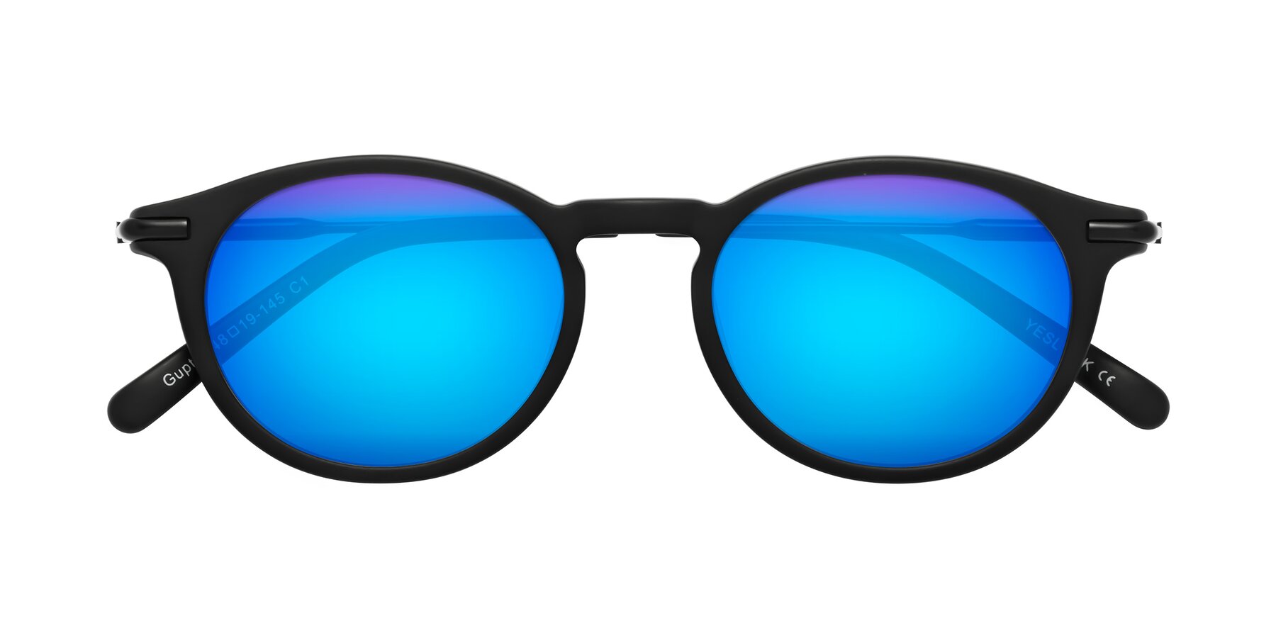 Folded Front of Gupta in Matte Black with Blue Mirrored Lenses