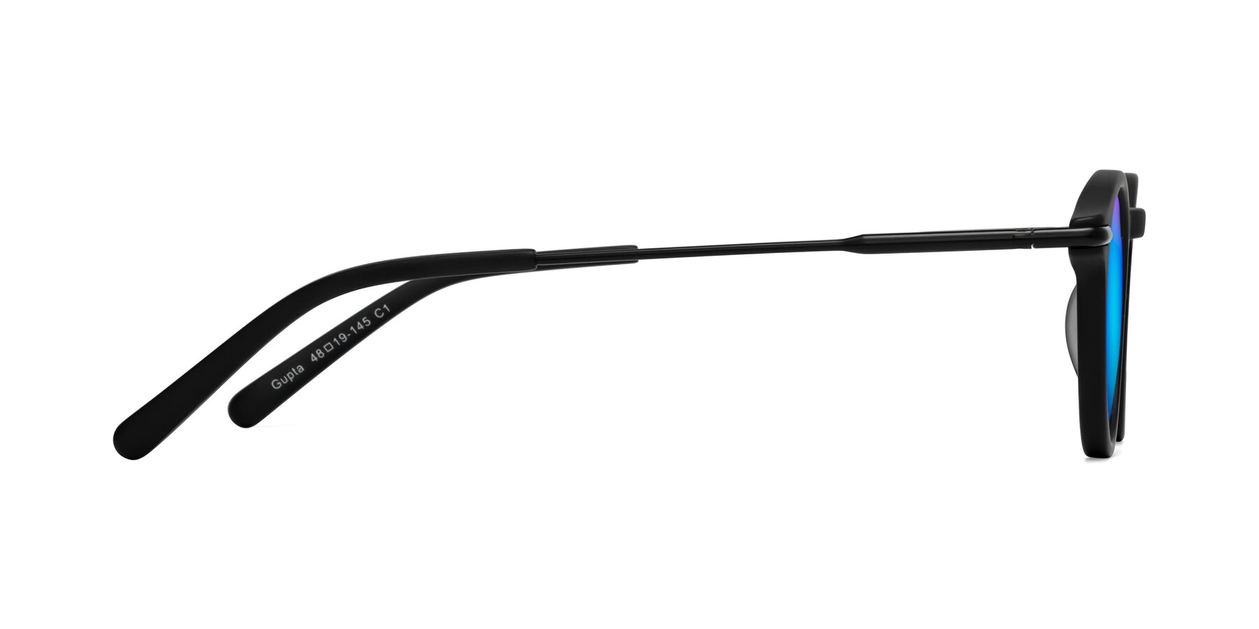 Side of Gupta in Matte Black with Blue Mirrored Lenses