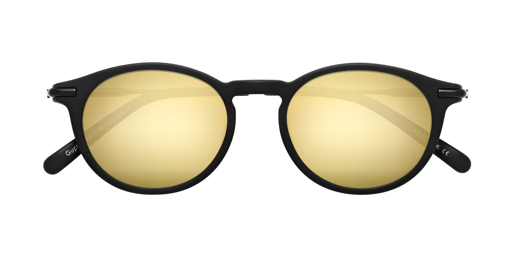Folded Front of Gupta in Matte Black with Gold Mirrored Lenses