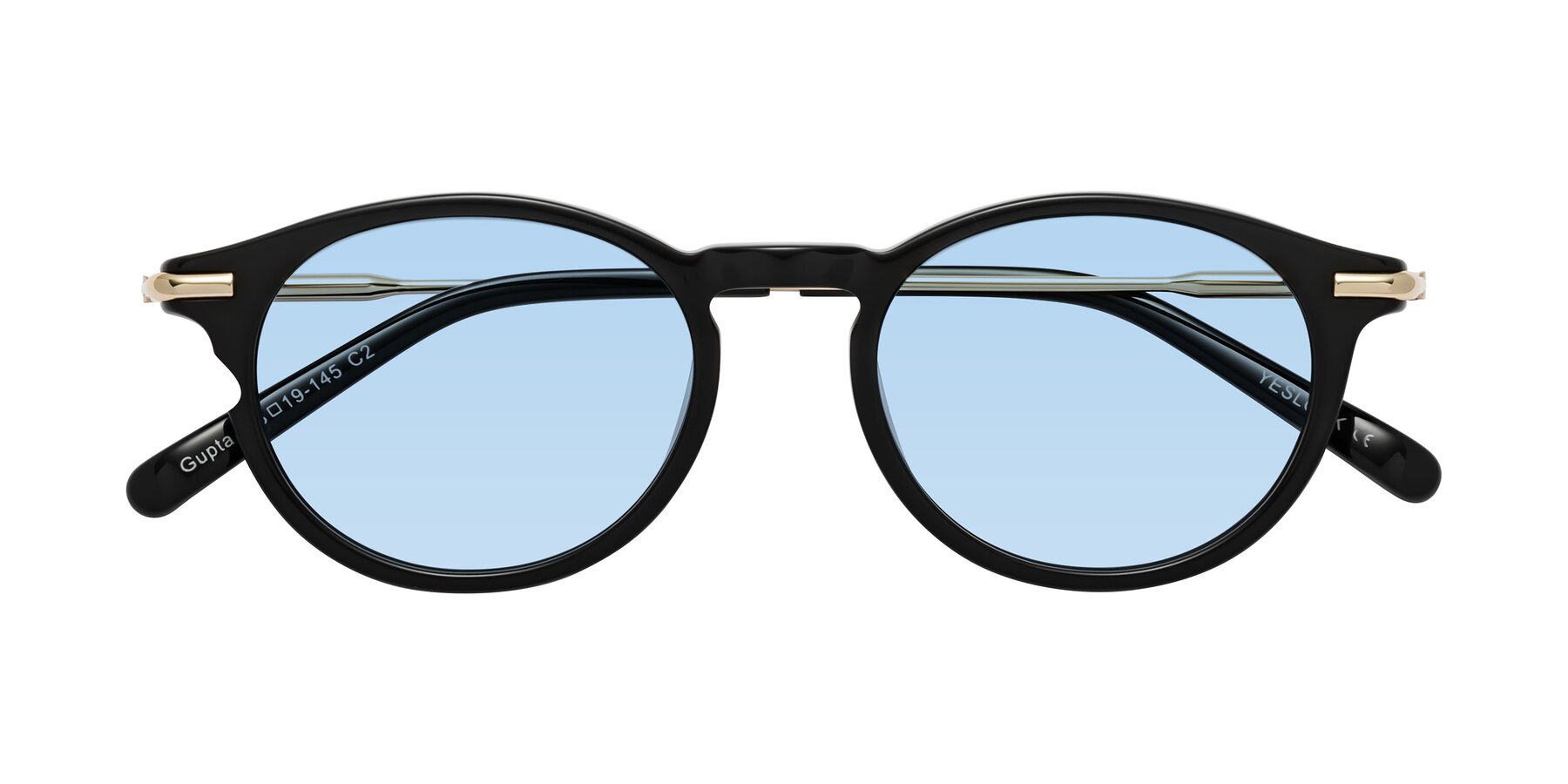Folded Front of Gupta in Black with Light Blue Tinted Lenses