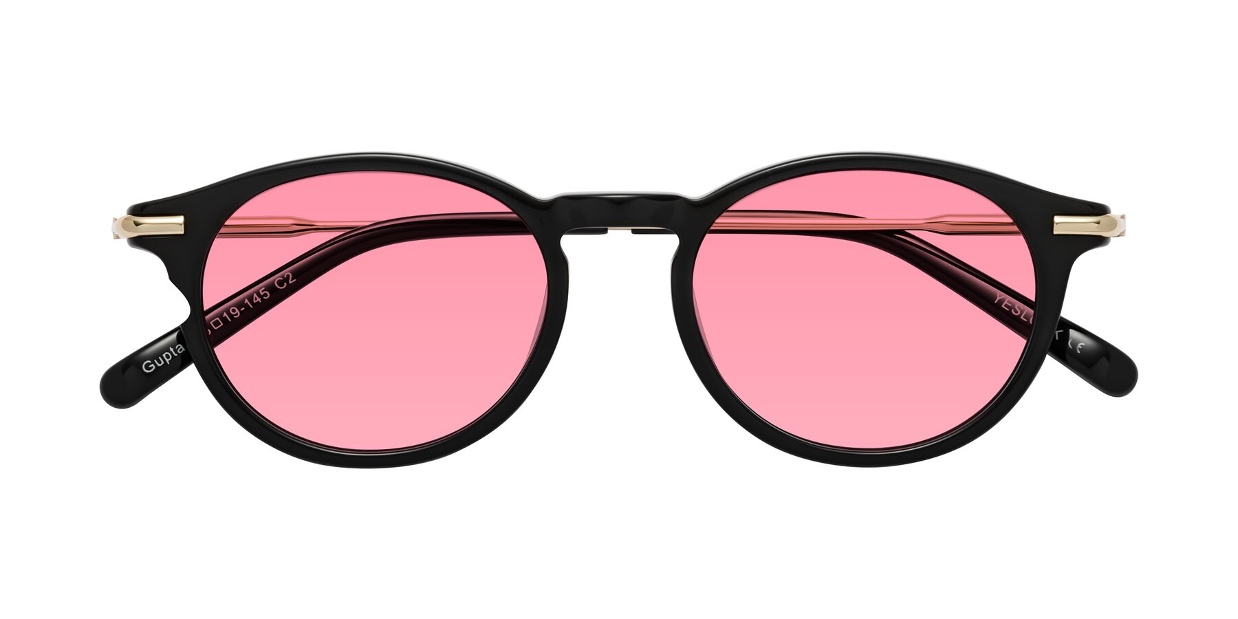 Folded Front of Gupta in Black with Pink Tinted Lenses
