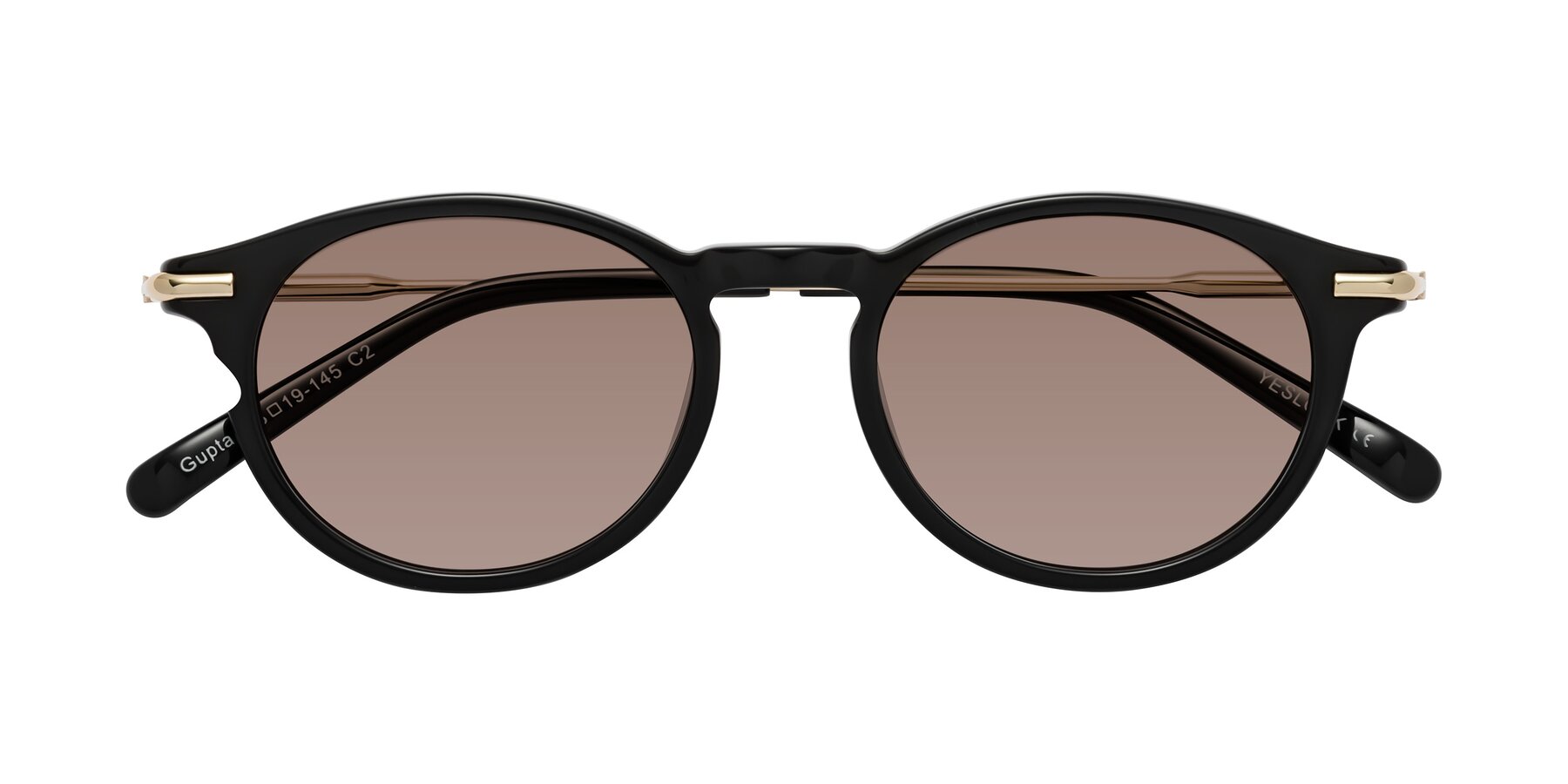 Folded Front of Gupta in Black with Medium Brown Tinted Lenses