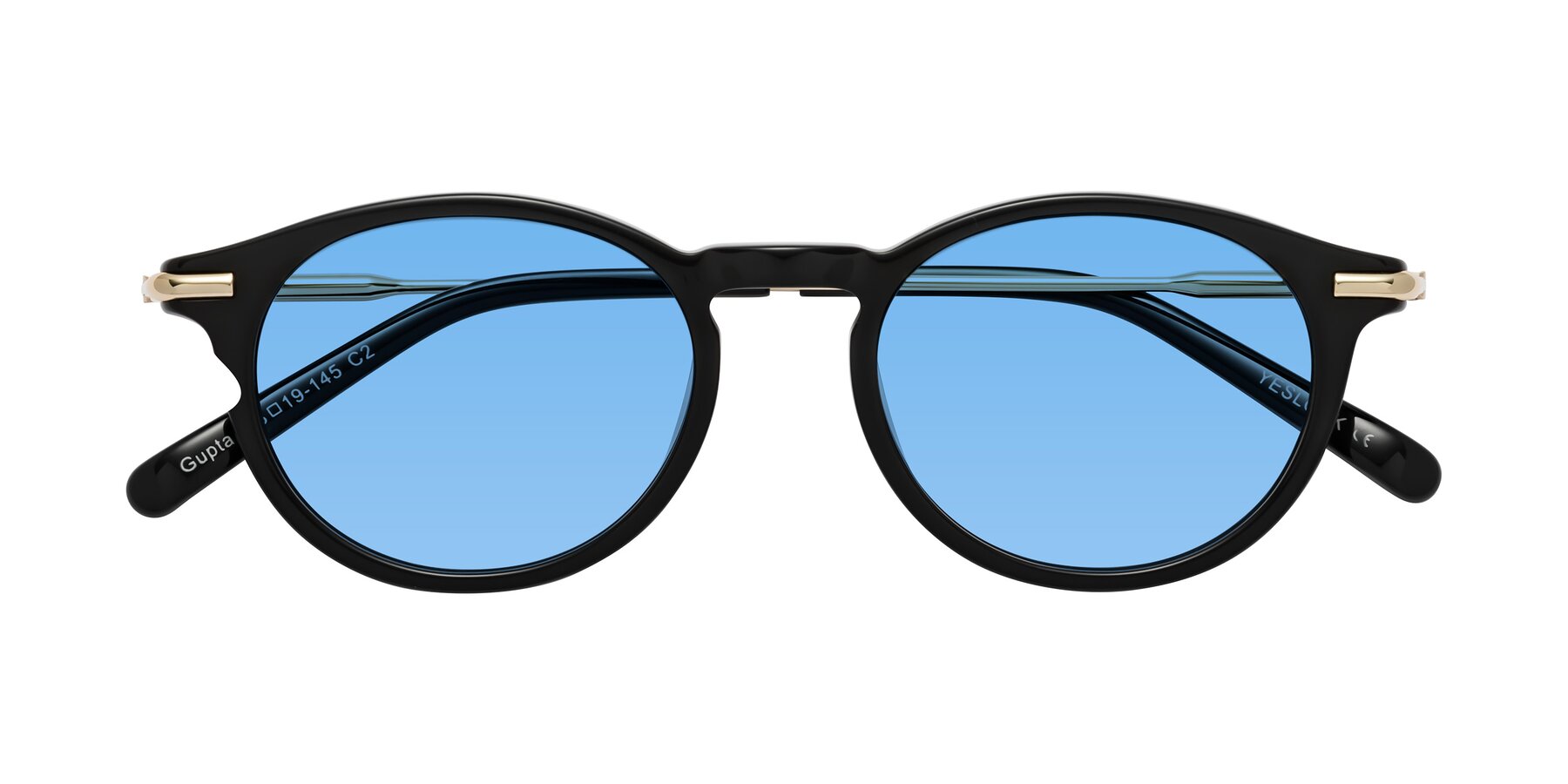 Folded Front of Gupta in Black with Medium Blue Tinted Lenses