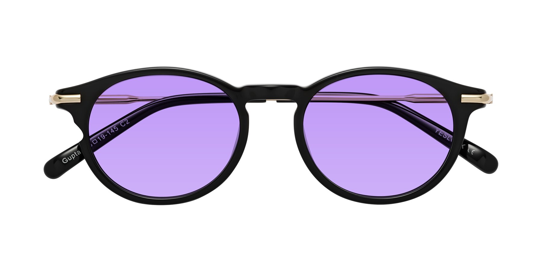 Folded Front of Gupta in Black with Medium Purple Tinted Lenses