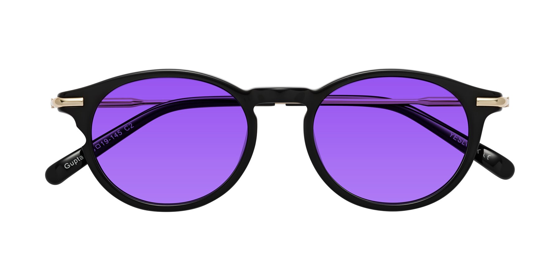 Folded Front of Gupta in Black with Purple Tinted Lenses