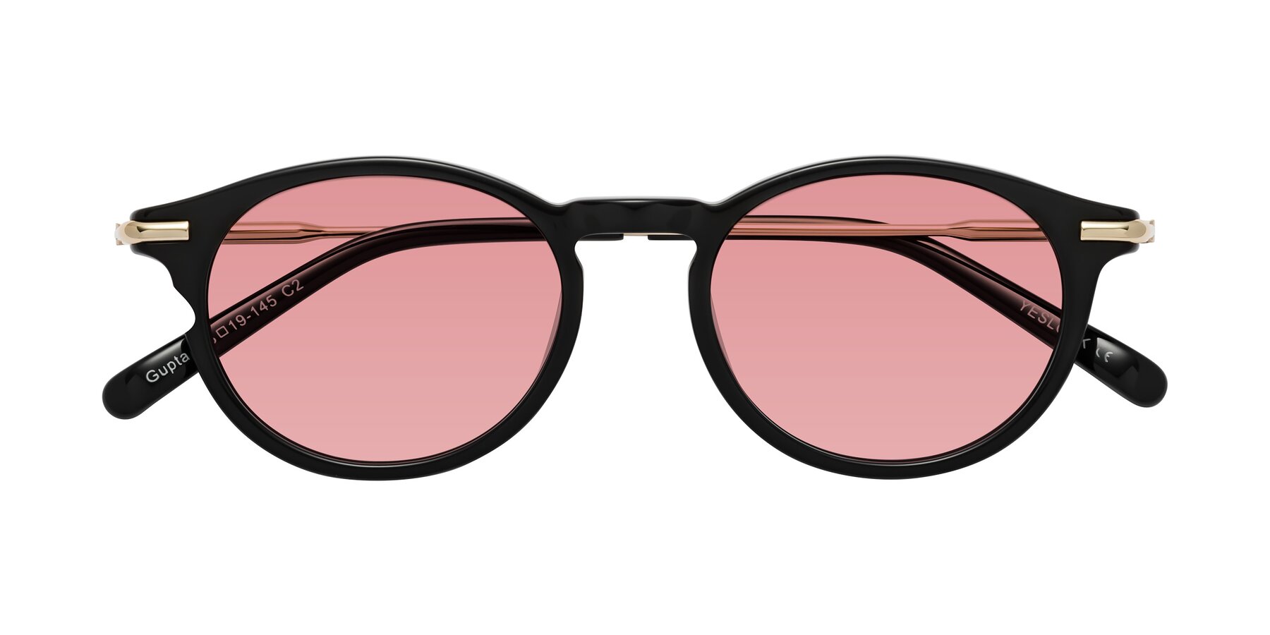 Folded Front of Gupta in Black with Medium Garnet Tinted Lenses