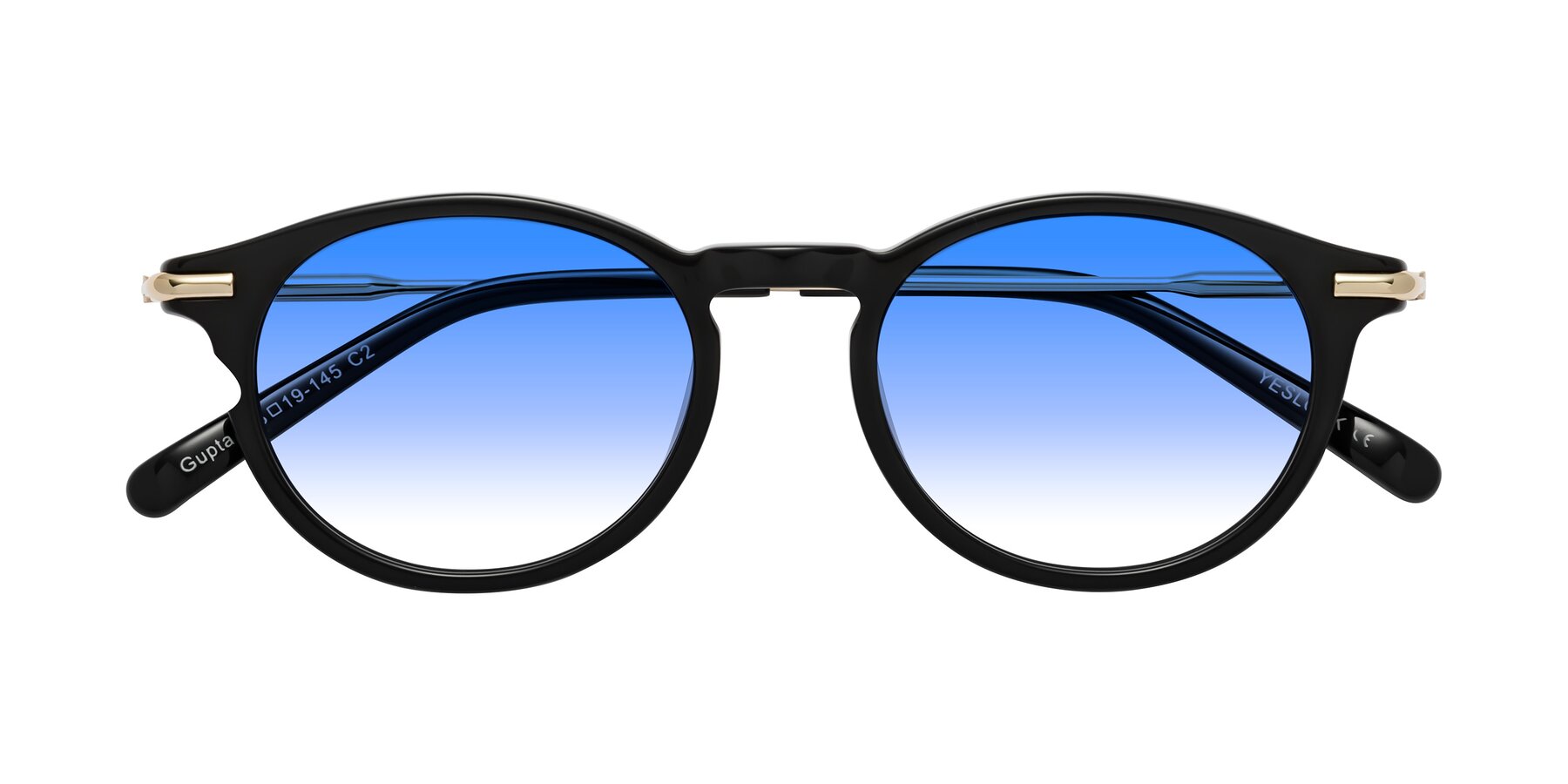 Folded Front of Gupta in Black with Blue Gradient Lenses
