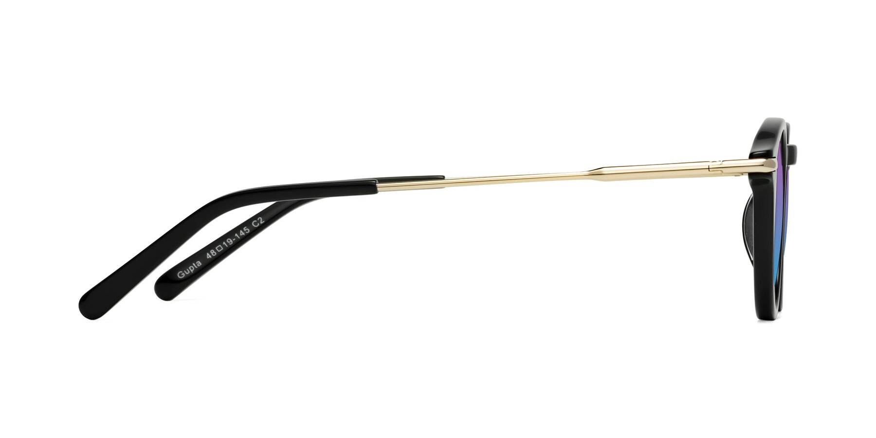 Side of Gupta in Black with Purple / Blue Gradient Lenses