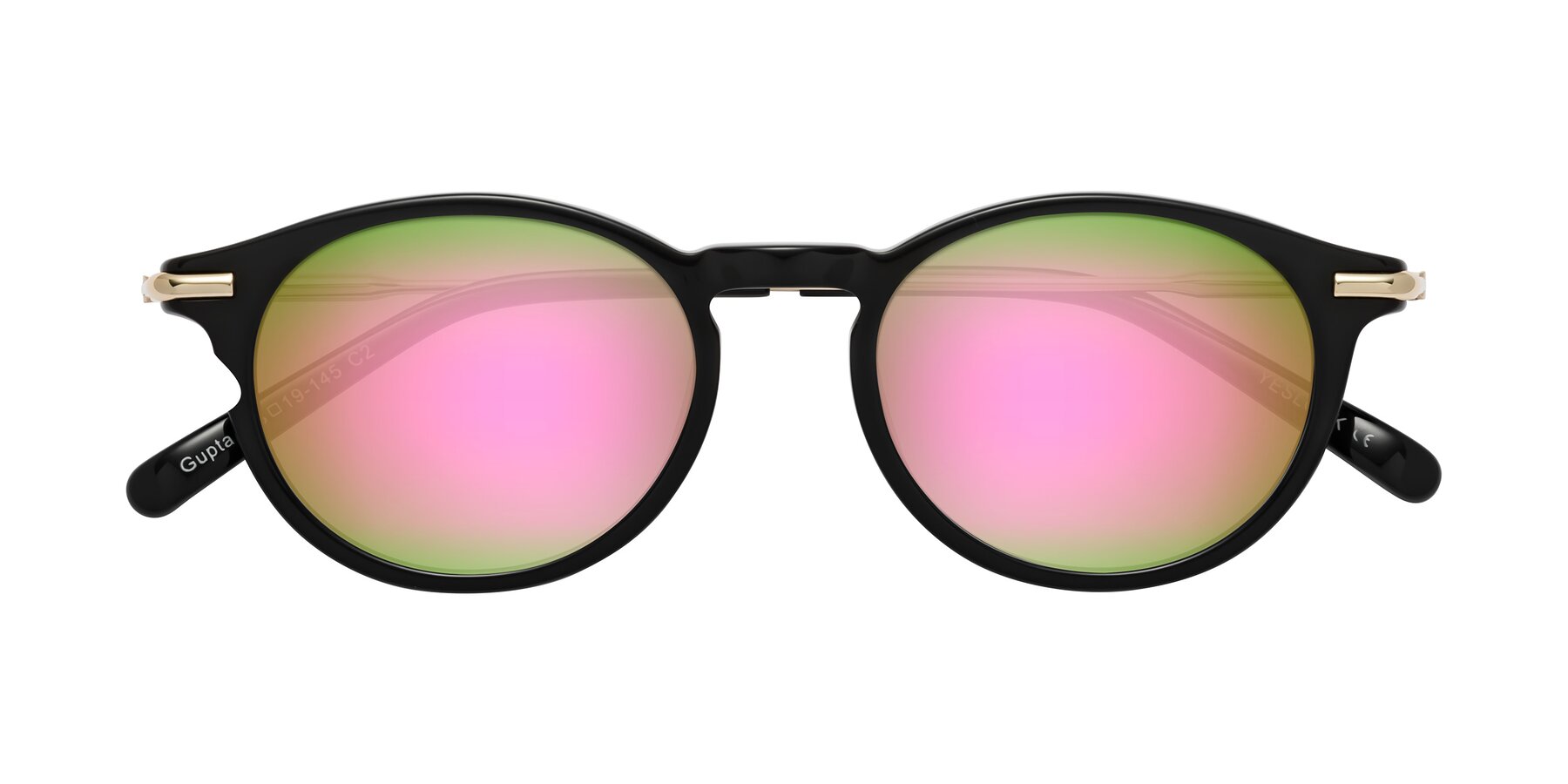 Folded Front of Gupta in Black with Pink Mirrored Lenses
