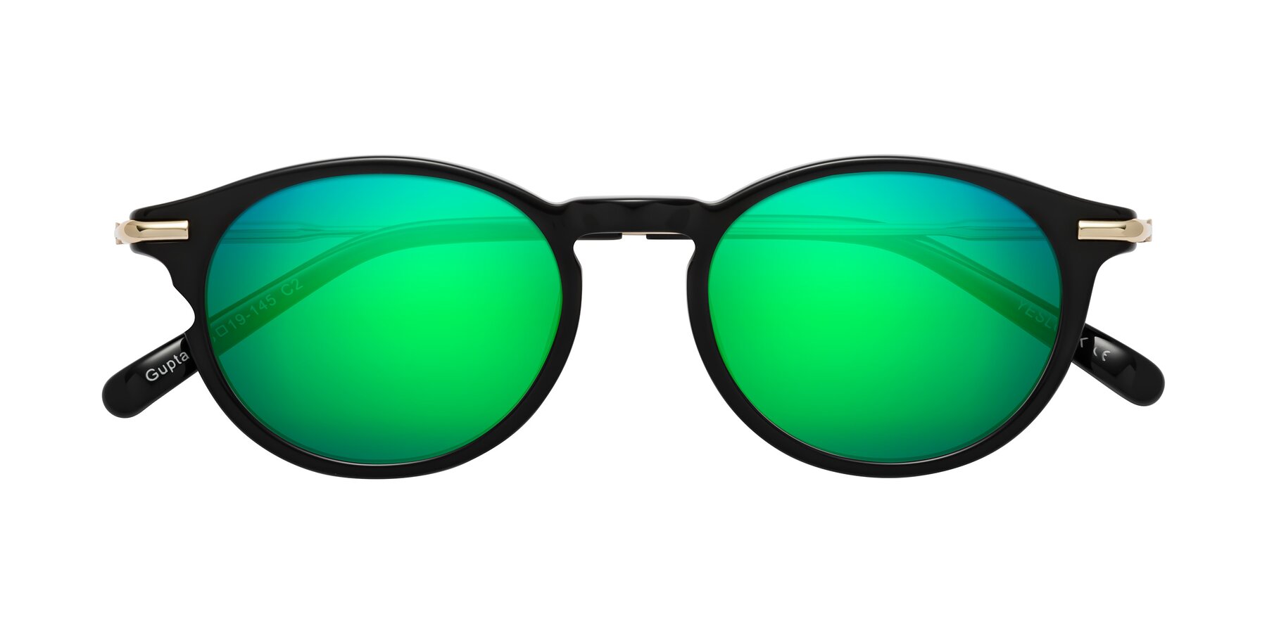 Folded Front of Gupta in Black with Green Mirrored Lenses