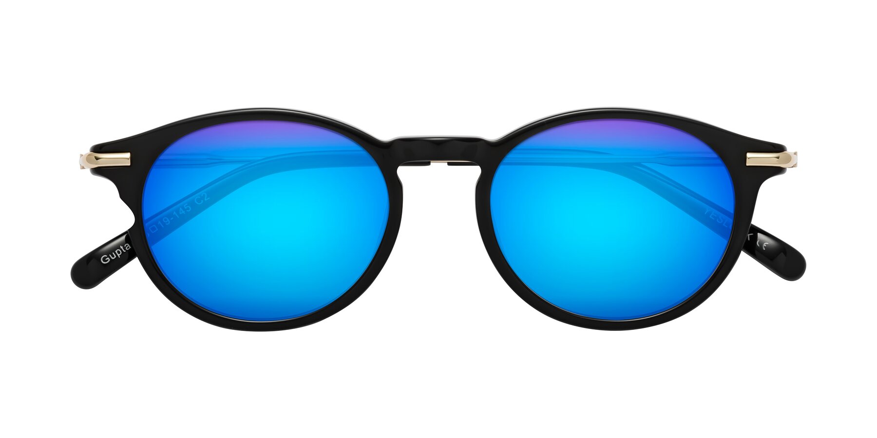 Folded Front of Gupta in Black with Blue Mirrored Lenses
