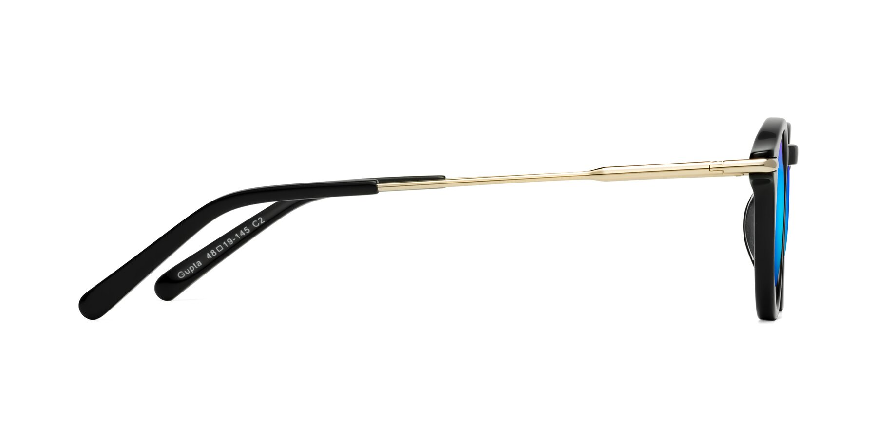 Side of Gupta in Black with Blue Mirrored Lenses