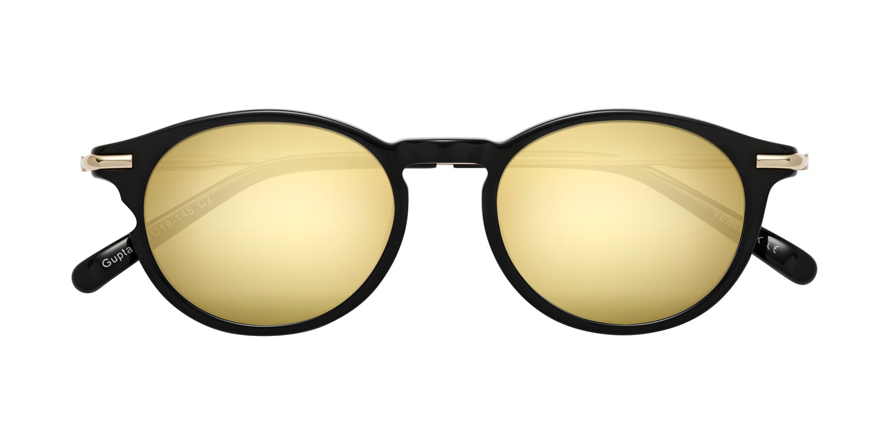 Folded Front of Gupta in Black with Gold Mirrored Lenses