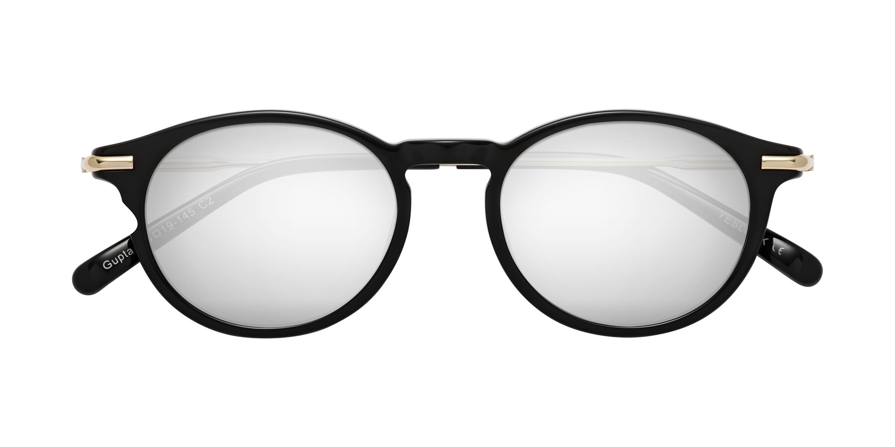 Folded Front of Gupta in Black with Silver Mirrored Lenses
