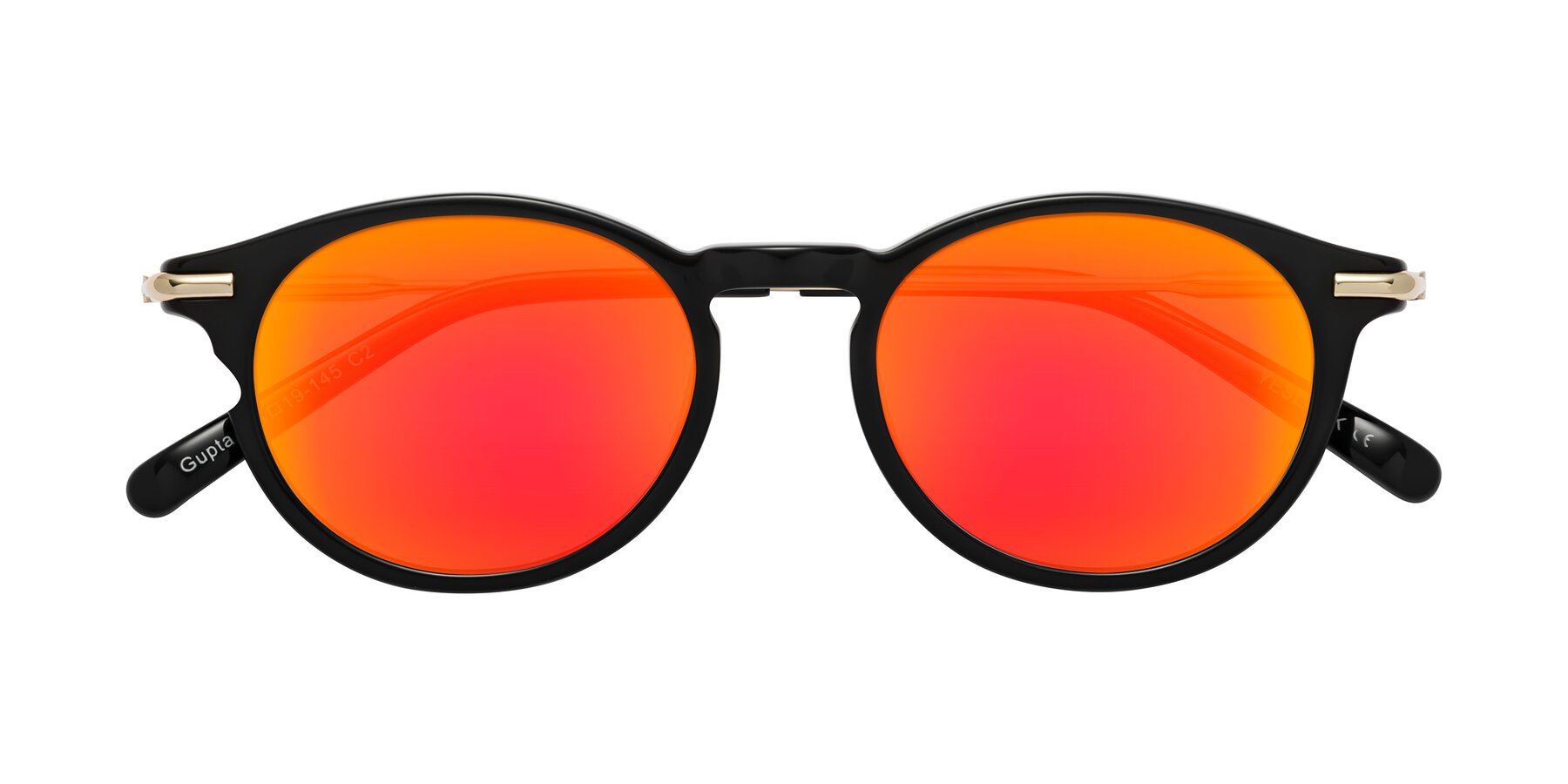 Folded Front of Gupta in Black with Red Gold Mirrored Lenses